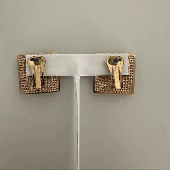 Vintage Italian Cloissoné Mosaic Square Clip-on Earrings in Gold, Green, Ivory